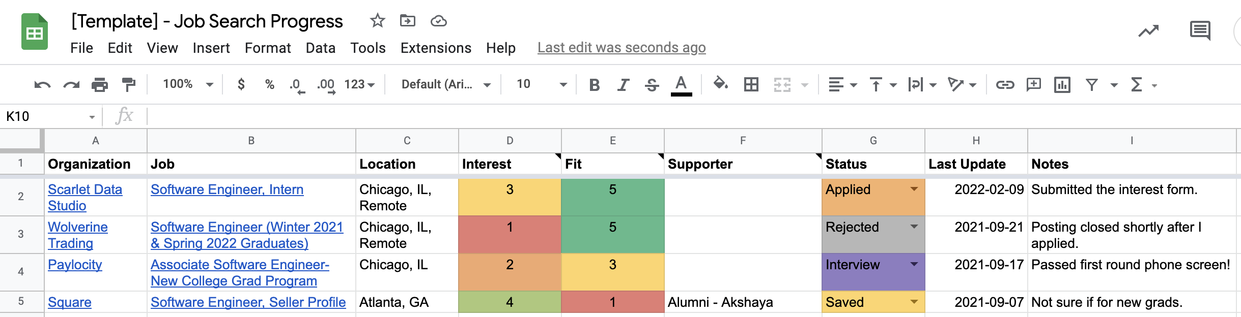 Screenshot of an example job search progress tracker spreadsheet